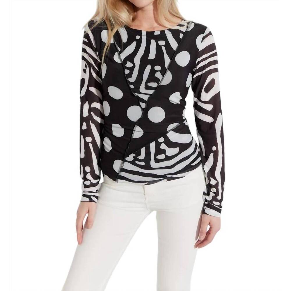NEW OOLALA printed patchwork crewneck mesh top in black /white